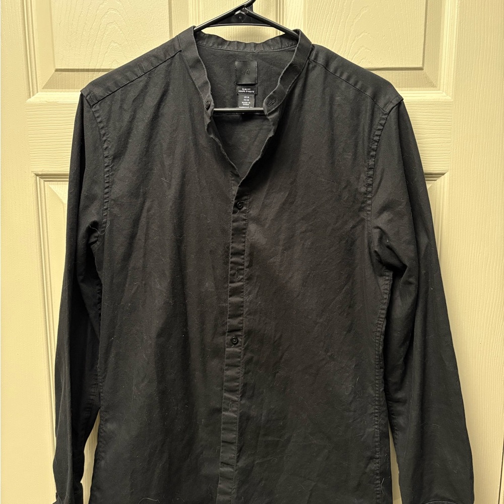 H&M No-Collar Black Button-Up Shirt